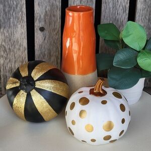 Orange Glaze Drip Ceramic Vase with Decorative Pumpkins
